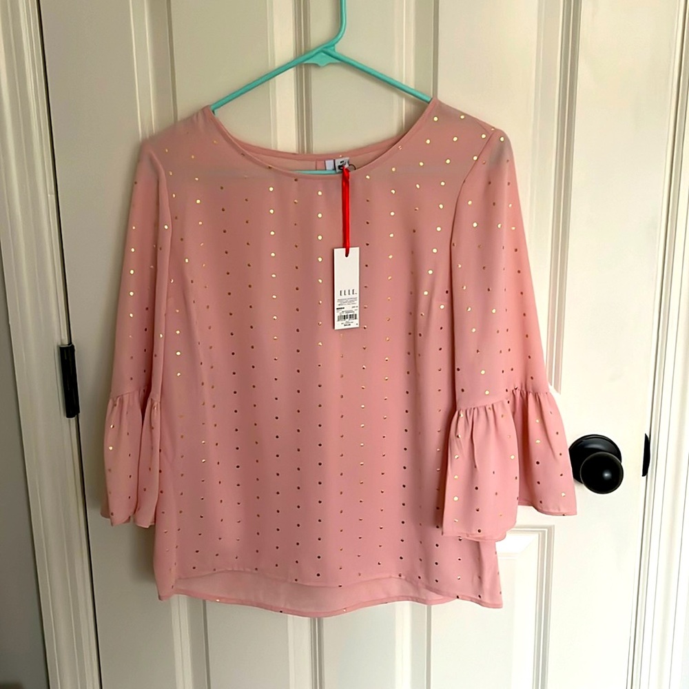 Elle pink bell sleeve top with gold polka dots